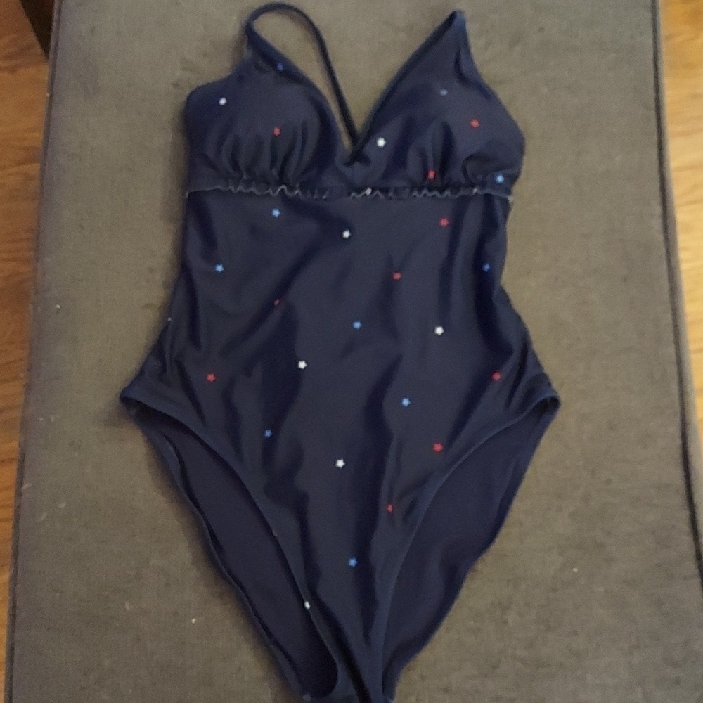 OLD NAVY One Piece V Neck Ruffle Trim Stars One Piece Swimsuit in Navy - Picture 5 of 14